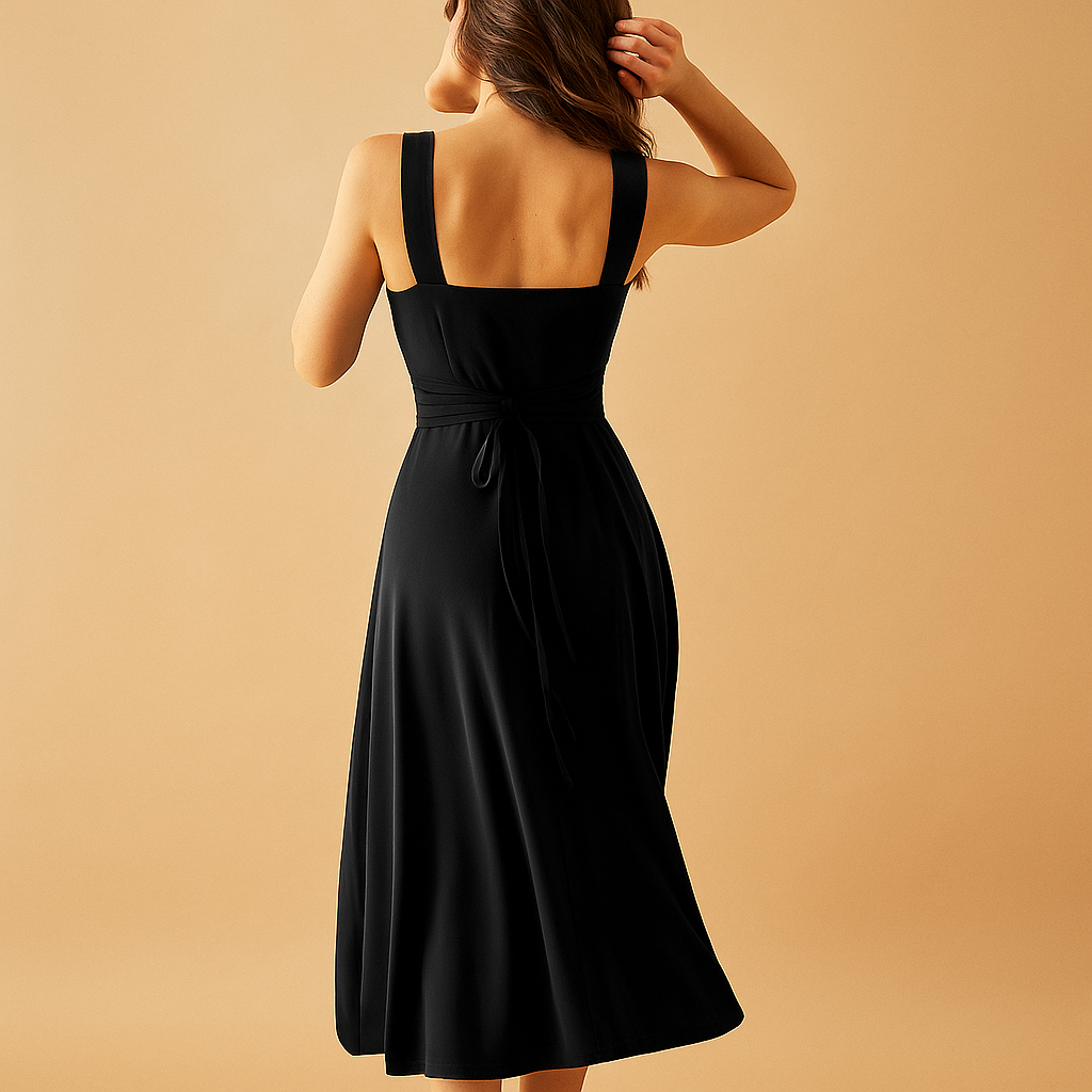 Midi dress with square neckline and waist tie for women | Yinthe
