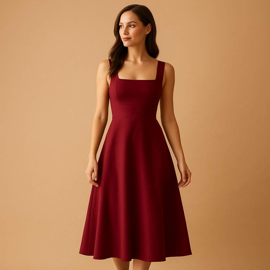 Midi dress with square neckline and waist tie for women | Yinthe