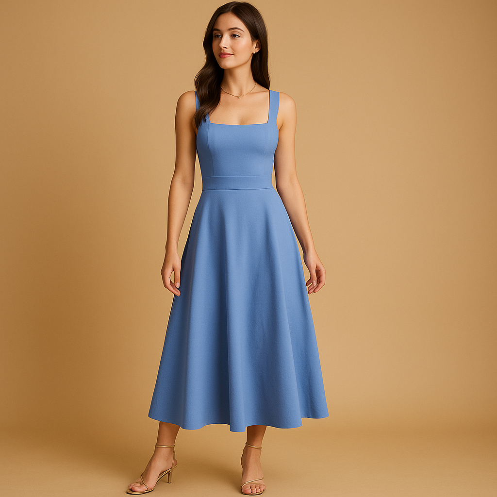 Midi dress with square neckline and waist tie for women | Yinthe