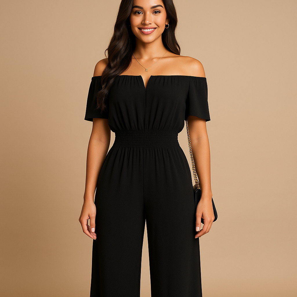 Off-shoulder jumpsuit with pleated details for women | Eliza