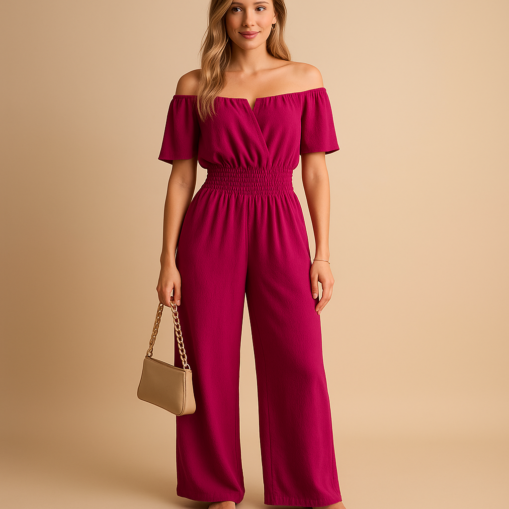 Off-shoulder jumpsuit with pleated details for women | Eliza