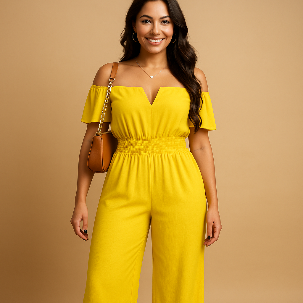 Off-shoulder jumpsuit with pleated details for women | Eliza