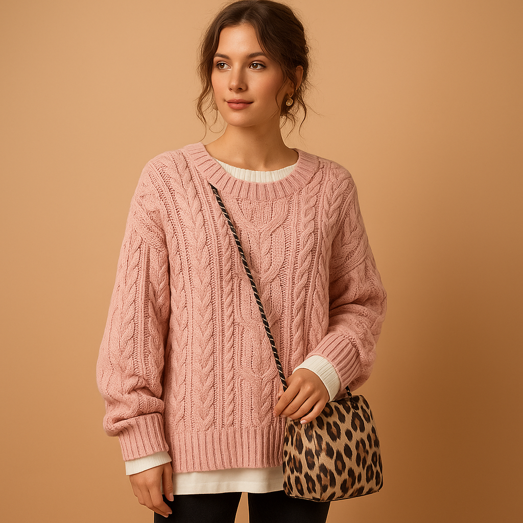 Oversized cable knit sweater with crew neck for women | Selina