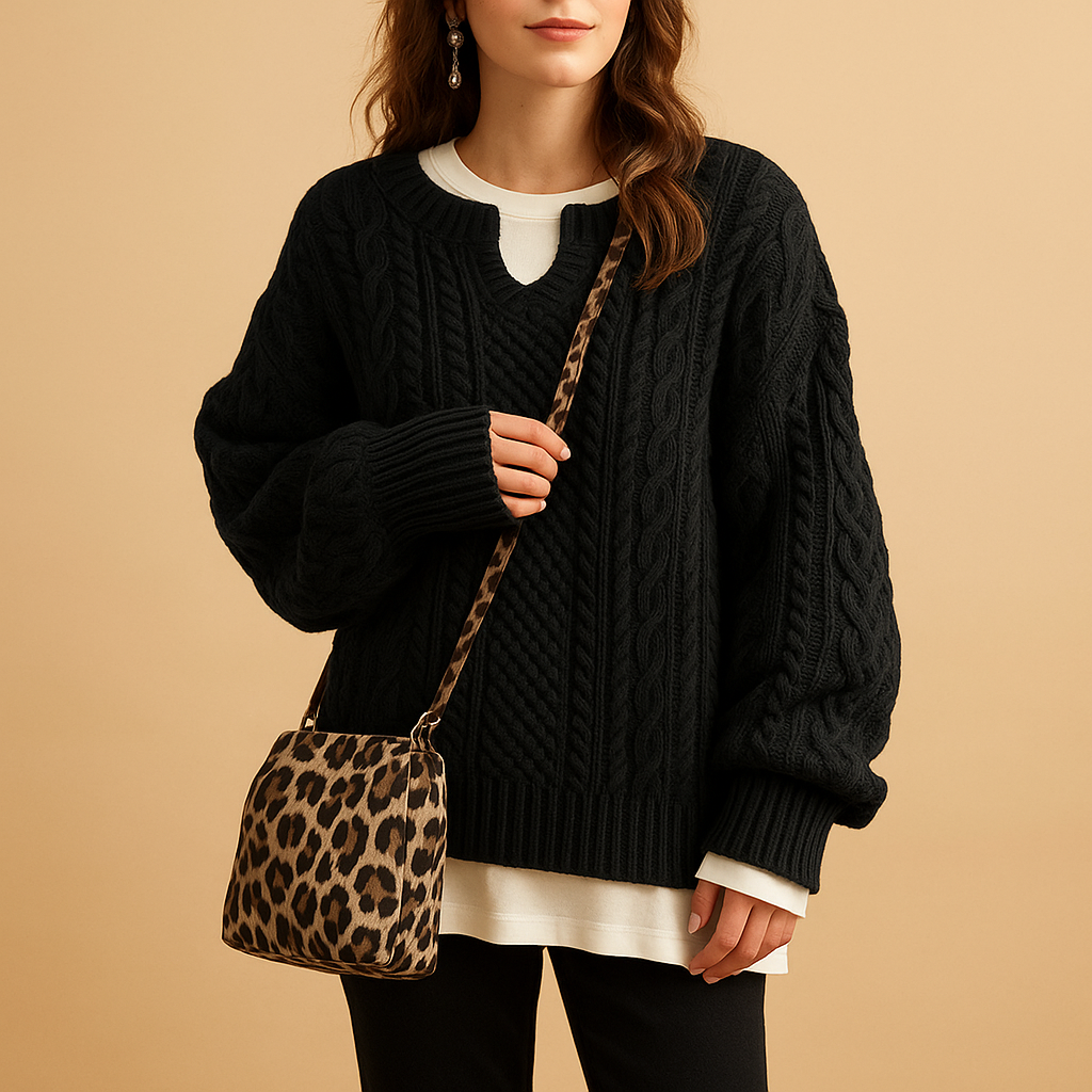 Oversized cable knit sweater with crew neck for women | Selina