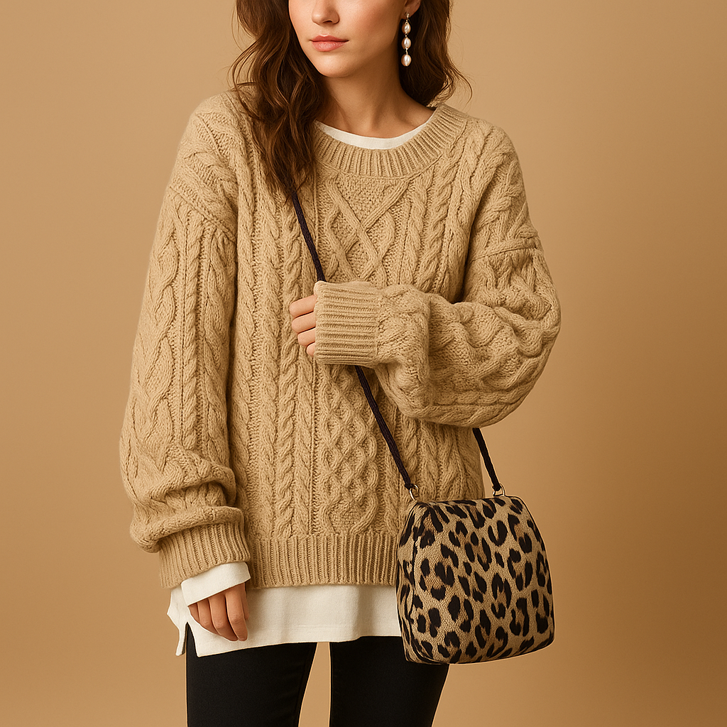 Oversized cable knit sweater with crew neck for women | Selina