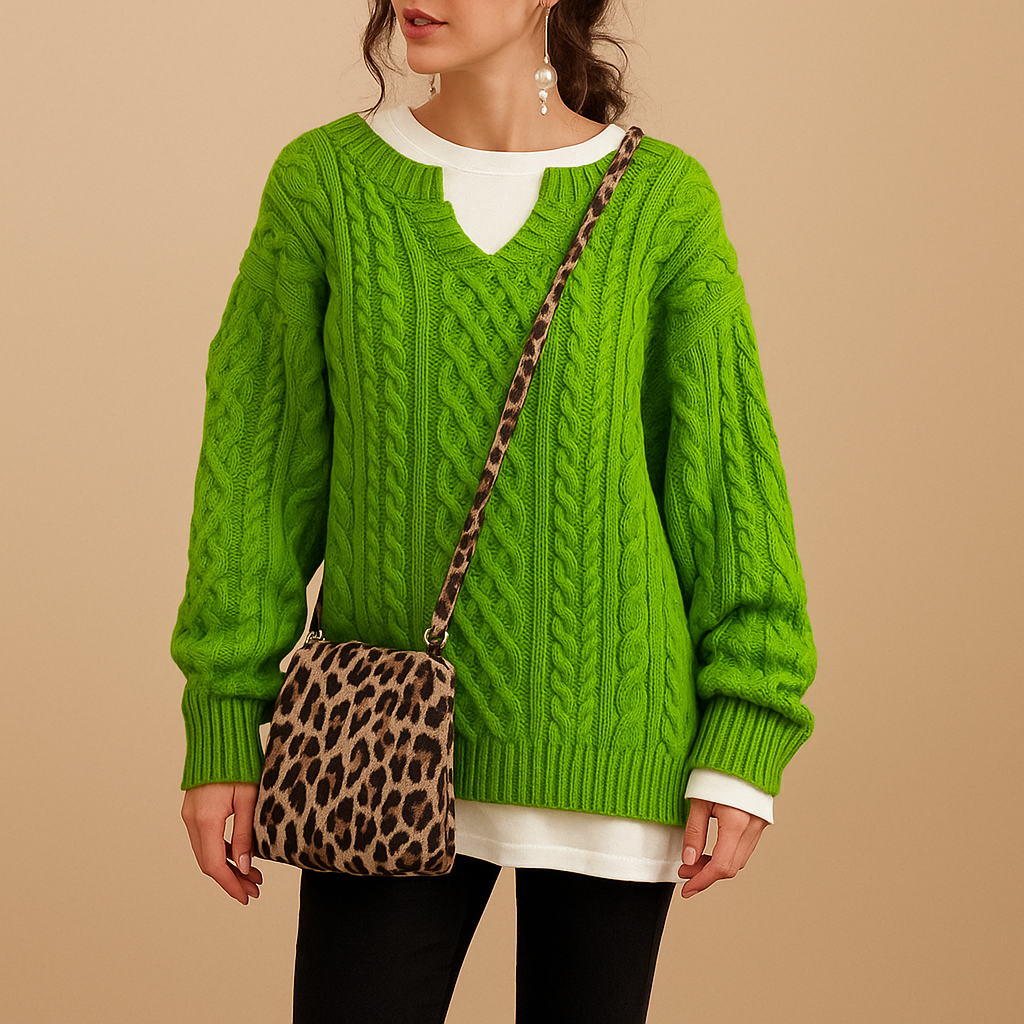 Oversized cable knit sweater with crew neck for women | Selina