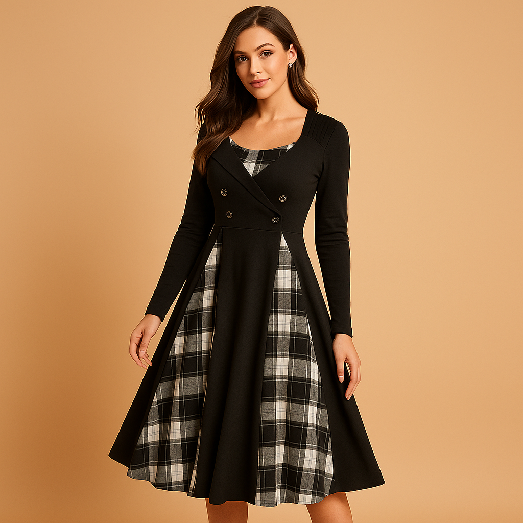 Plaid A-line midi dress with long sleeves for women | Isabelle