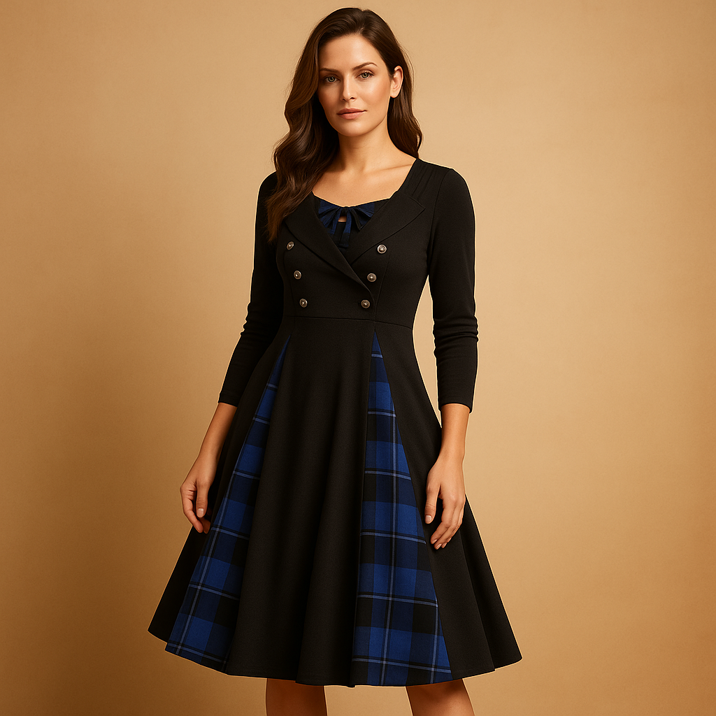 Plaid A-line midi dress with long sleeves for women | Isabelle