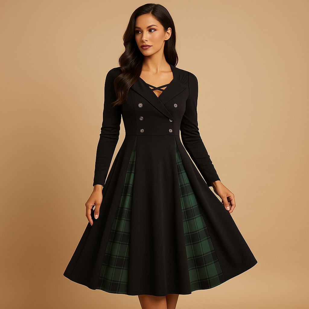 Plaid A-line midi dress with long sleeves for women | Isabelle