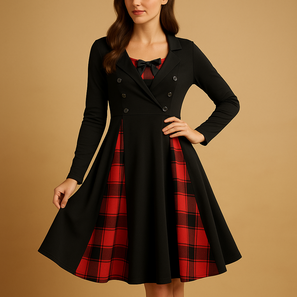 Plaid A-line midi dress with long sleeves for women | Isabelle