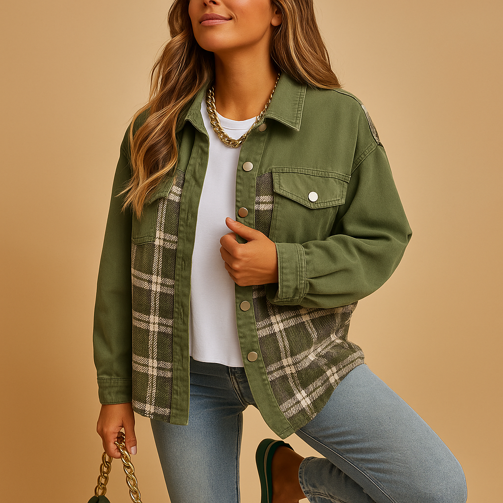 Plaid denim-style jacket with loose fit for women | Harper