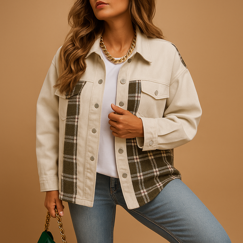 Plaid denim-style jacket with loose fit for women | Harper