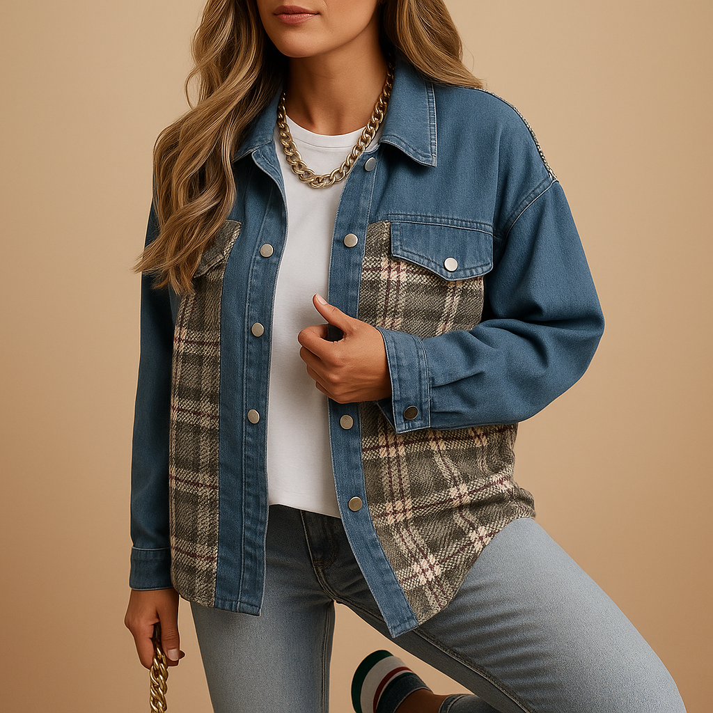 Plaid denim-style jacket with loose fit for women | Harper