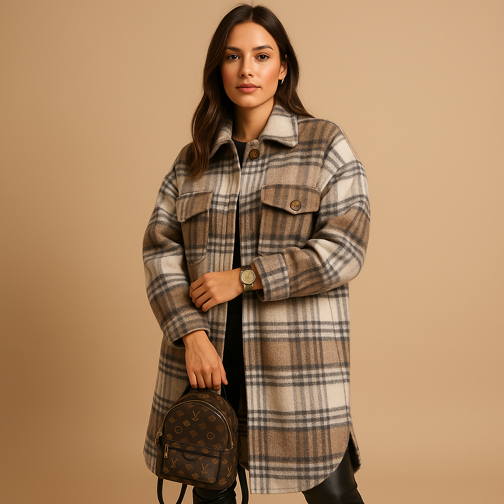 Plaid wool-look long coat for women | Aoife