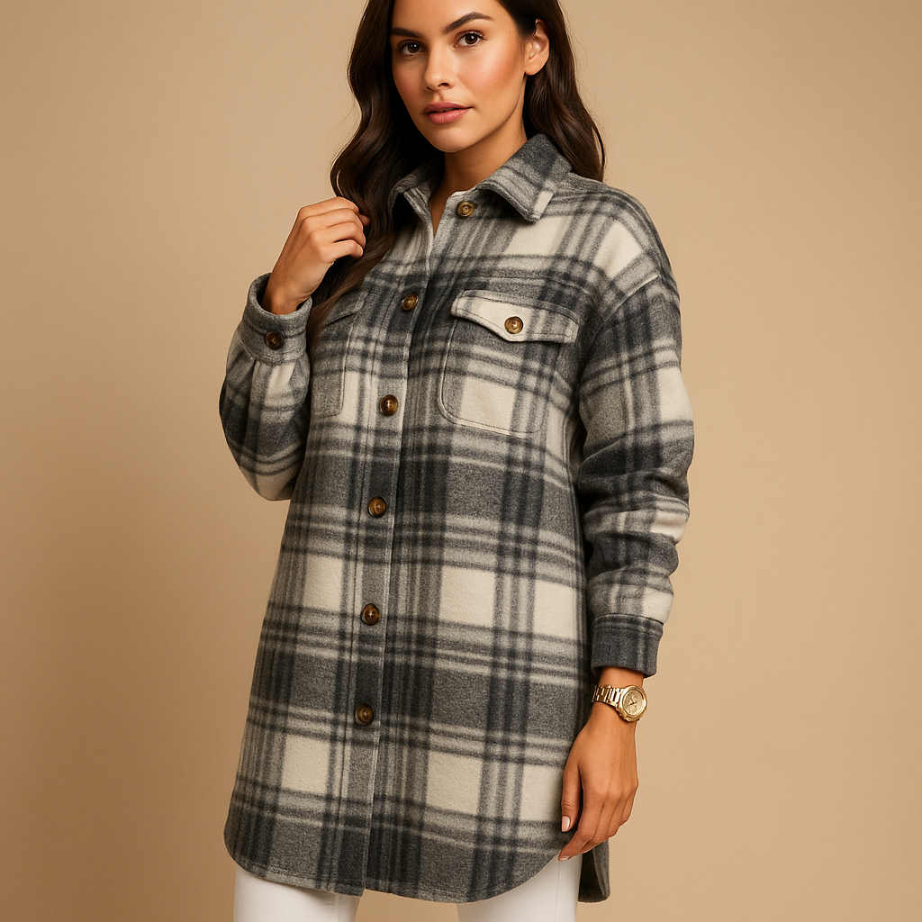 Plaid wool-look long coat for women | Aoife