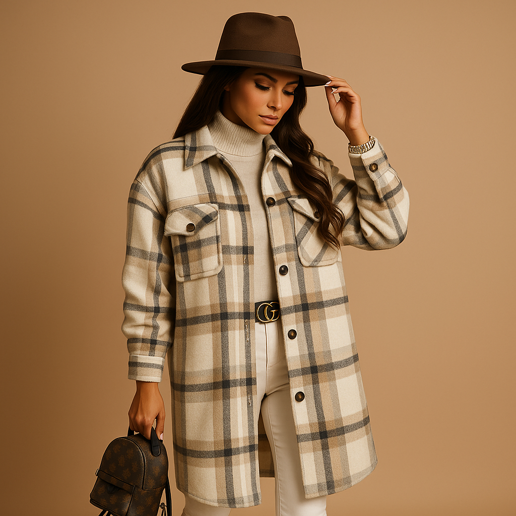 Plaid wool-look long coat for women | Aoife