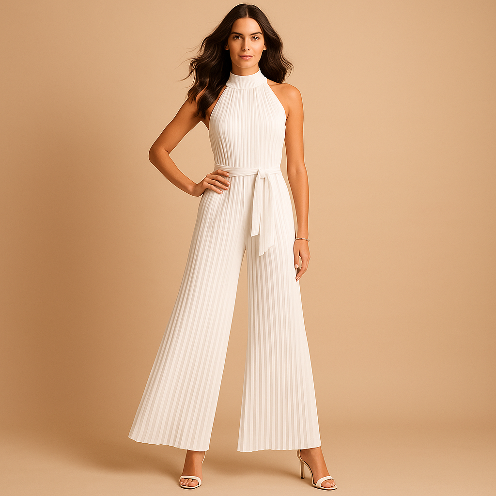 Pleated high-neck jumpsuit with wide legs for women | Hazel