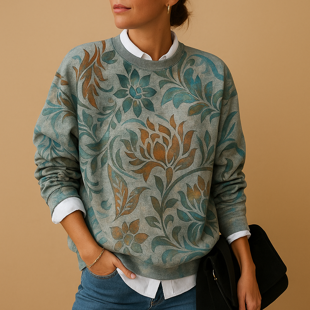 Printed knit sweater with round neck for women | Febe