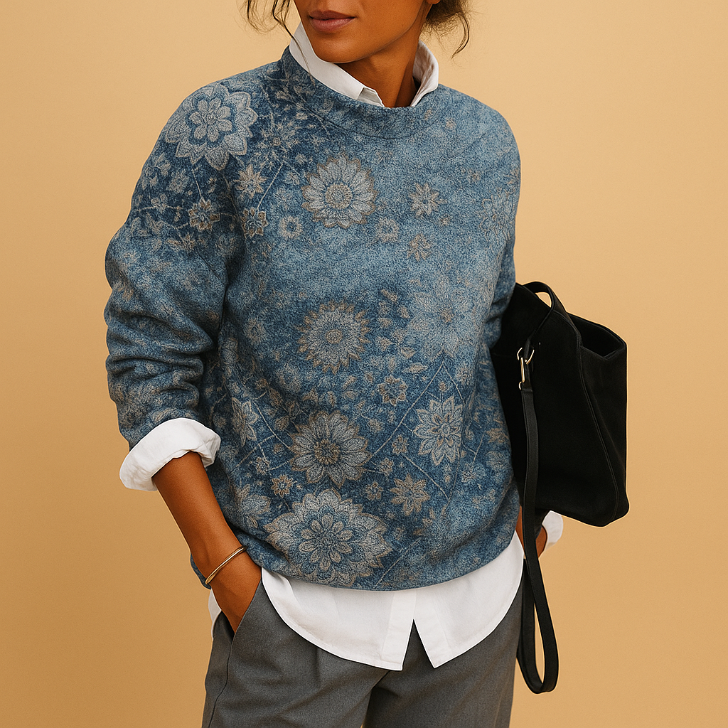 Printed knit sweater with round neck for women | Febe