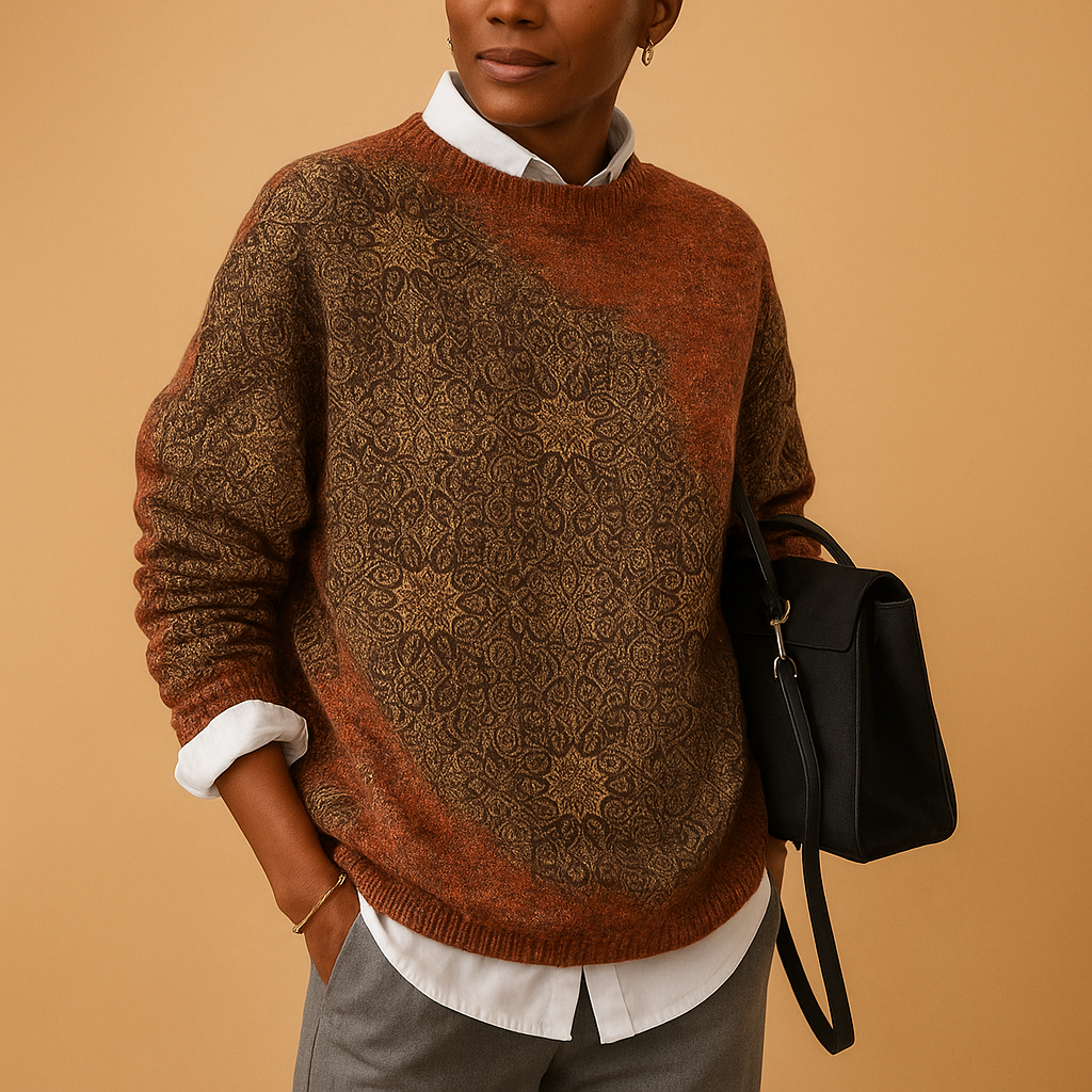 Printed knit sweater with round neck for women | Febe