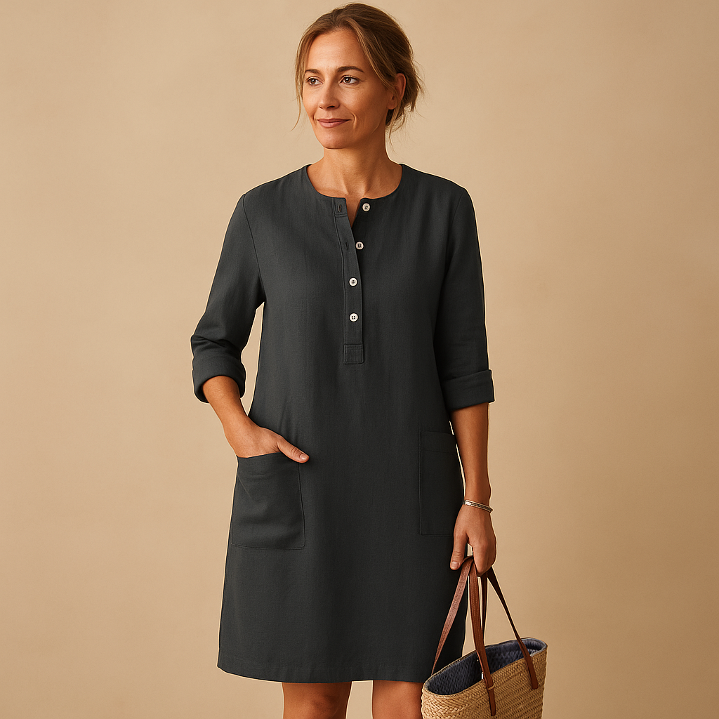 Relaxed button-down long casual dress with pockets for women | Hazel
