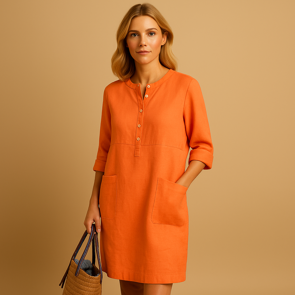 Relaxed button-down long casual dress with pockets for women | Hazel