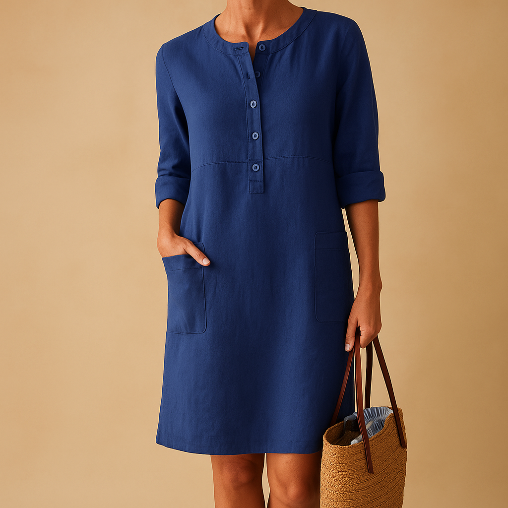 Relaxed button-down long casual dress with pockets for women | Hazel