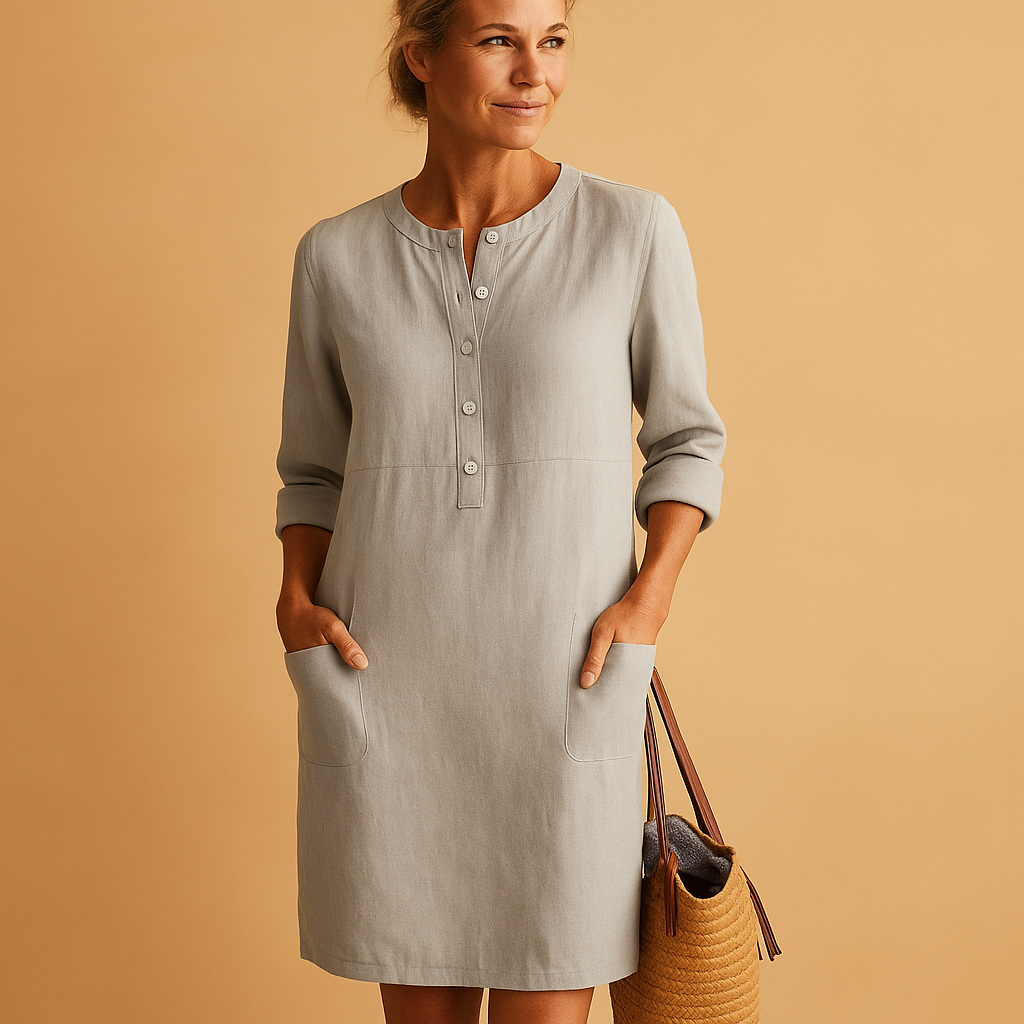 Relaxed button-down long casual dress with pockets for women | Hazel
