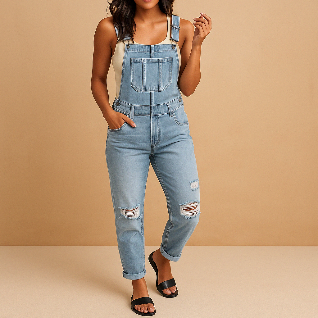 Ripped denim overall with adjustable straps for women | Mila