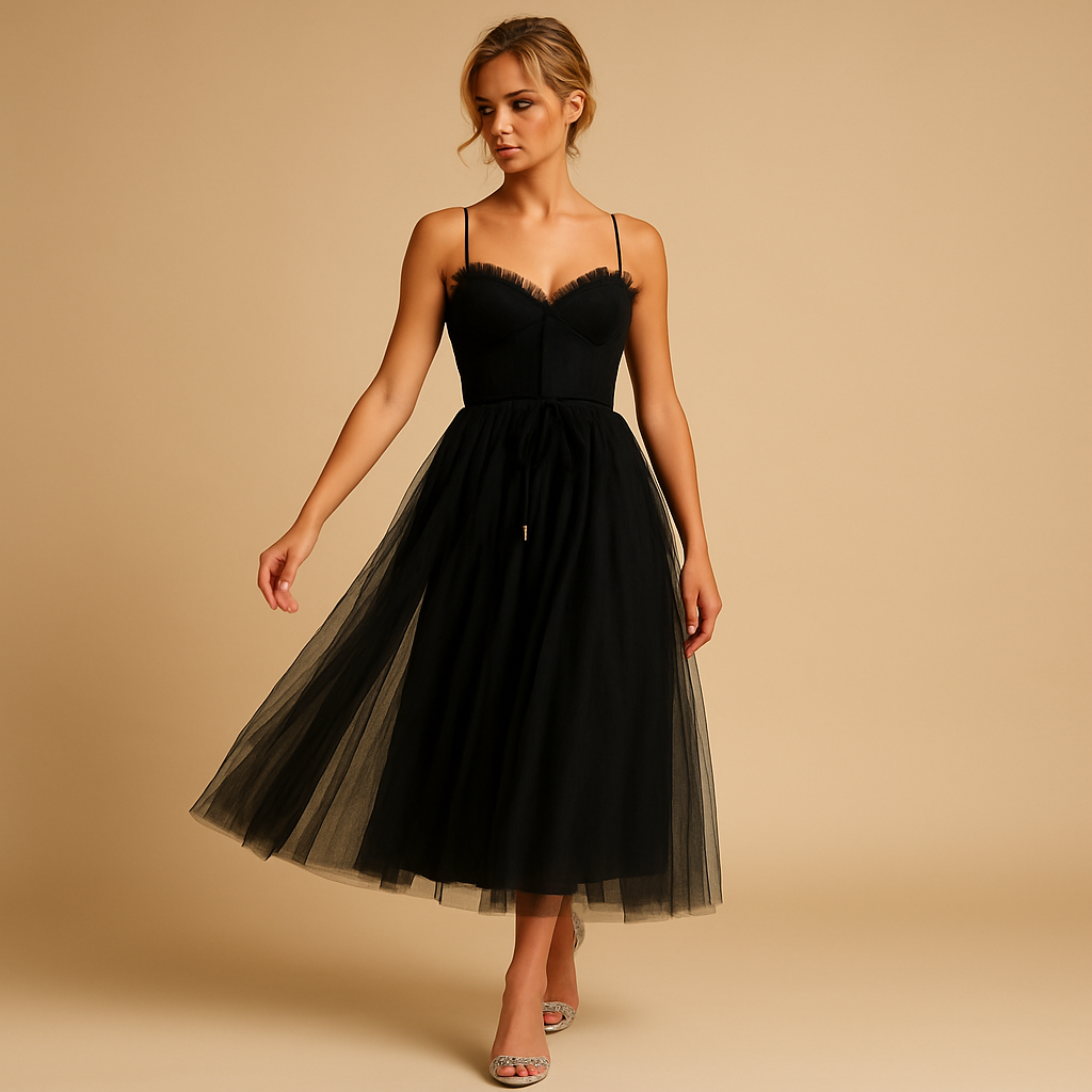 Sleeveless chiffon maxi dress with tulle overlay for women | Amara