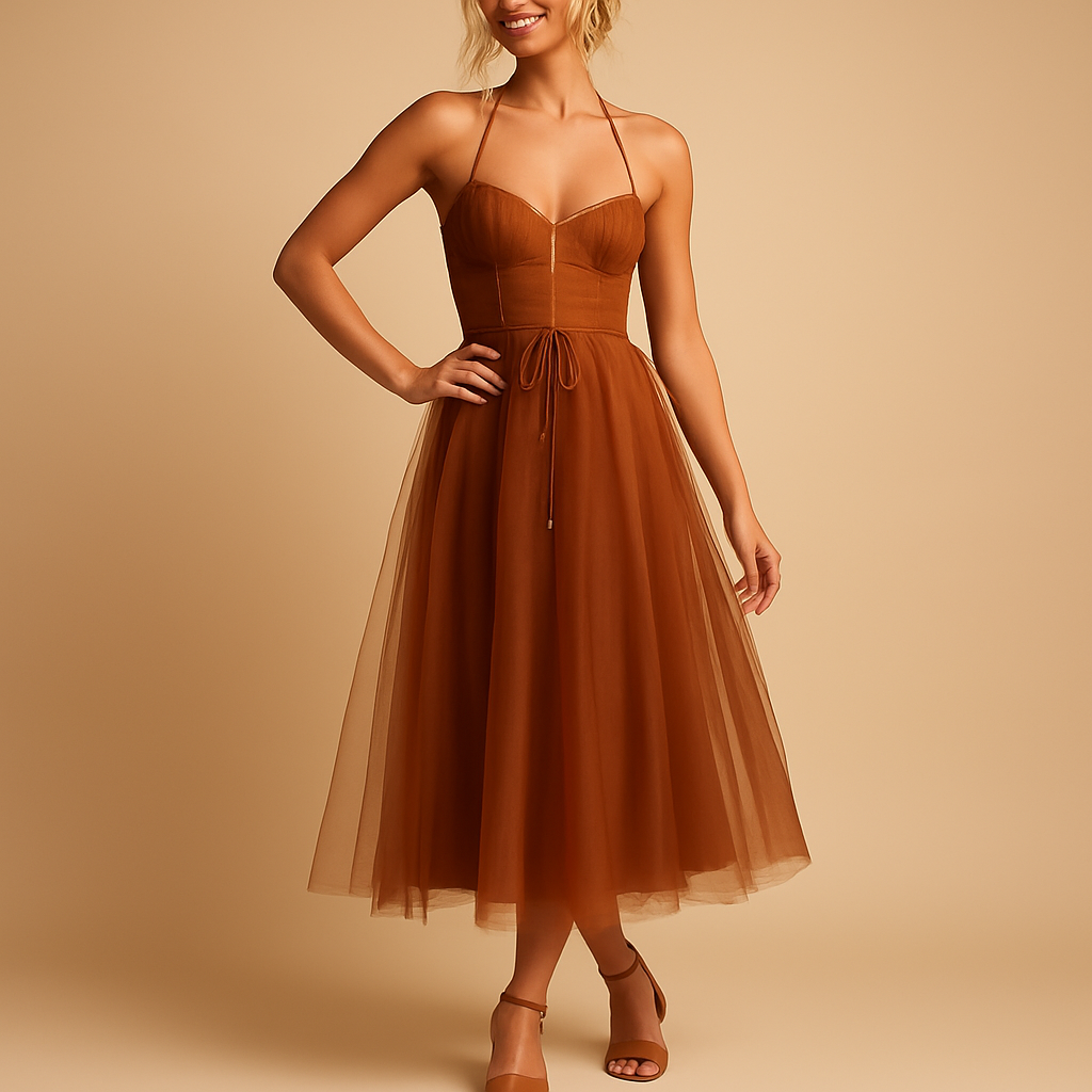 Sleeveless chiffon maxi dress with tulle overlay for women | Amara