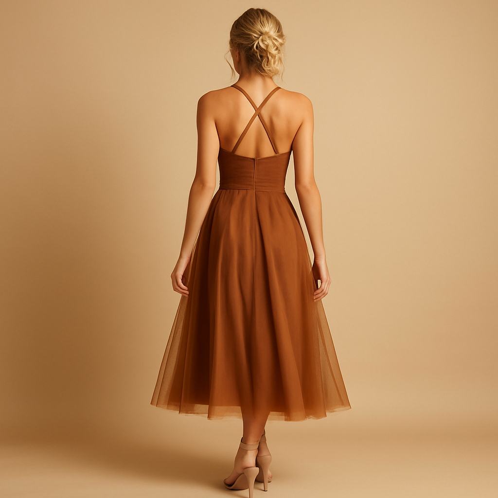 Sleeveless chiffon maxi dress with tulle overlay for women | Amara