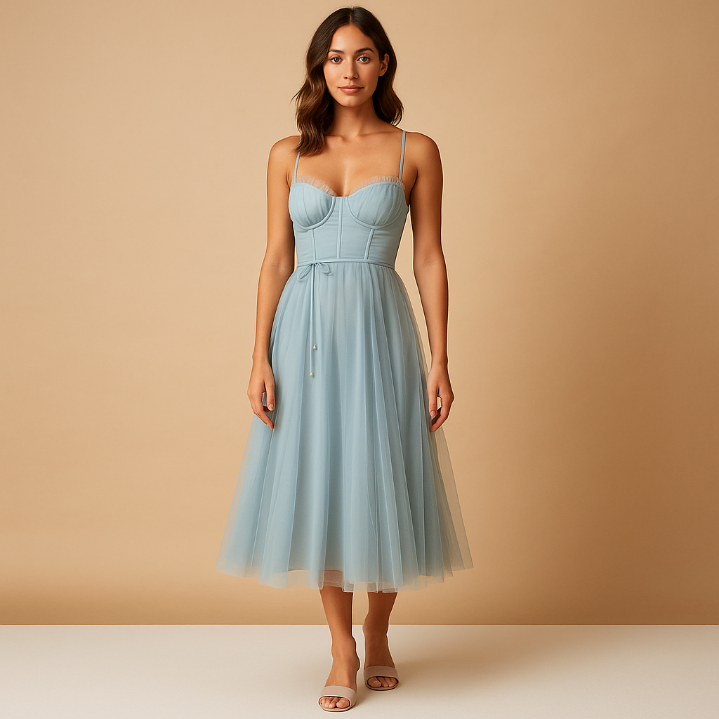 Sleeveless chiffon maxi dress with tulle overlay for women | Amara