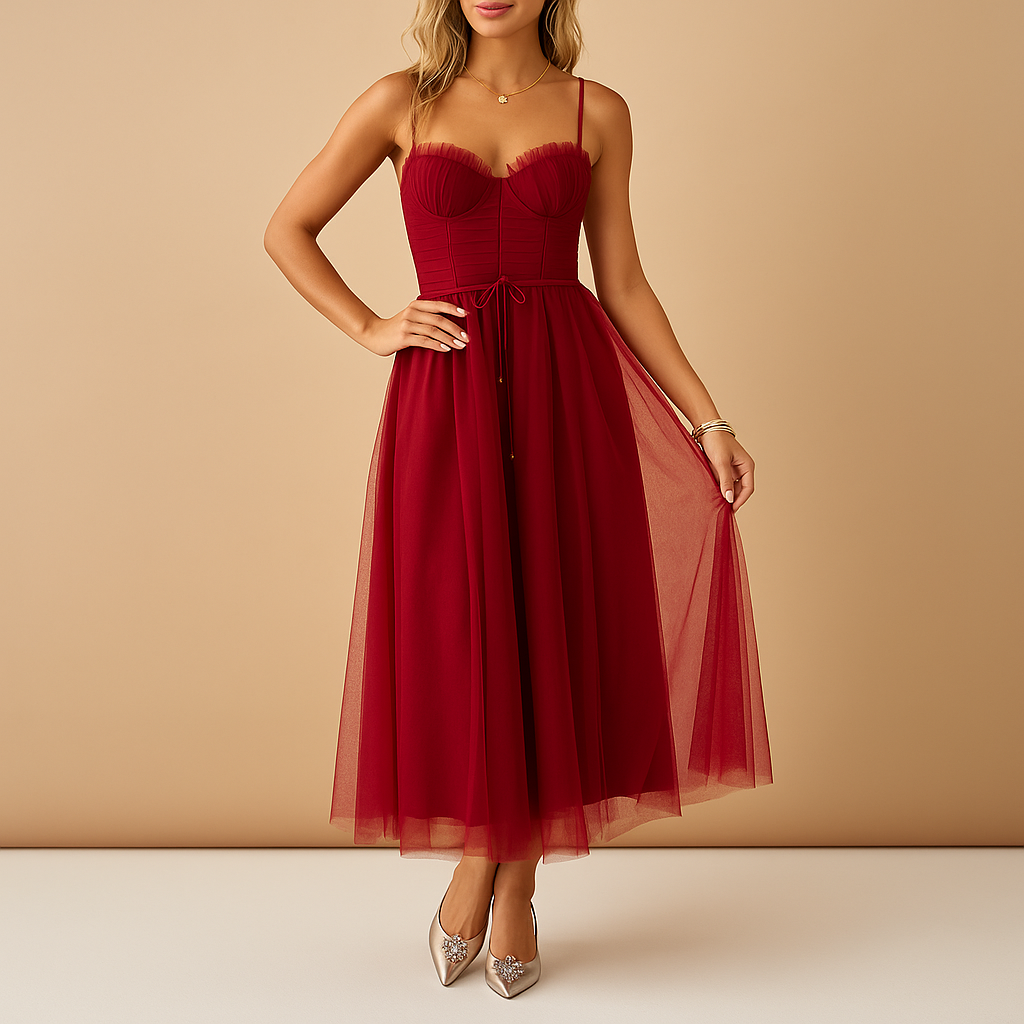 Sleeveless chiffon maxi dress with tulle overlay for women | Amara