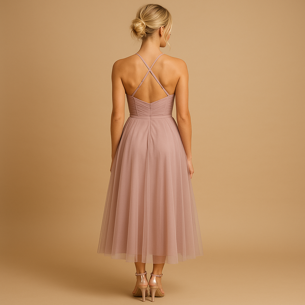 Sleeveless chiffon maxi dress with tulle overlay for women | Amara