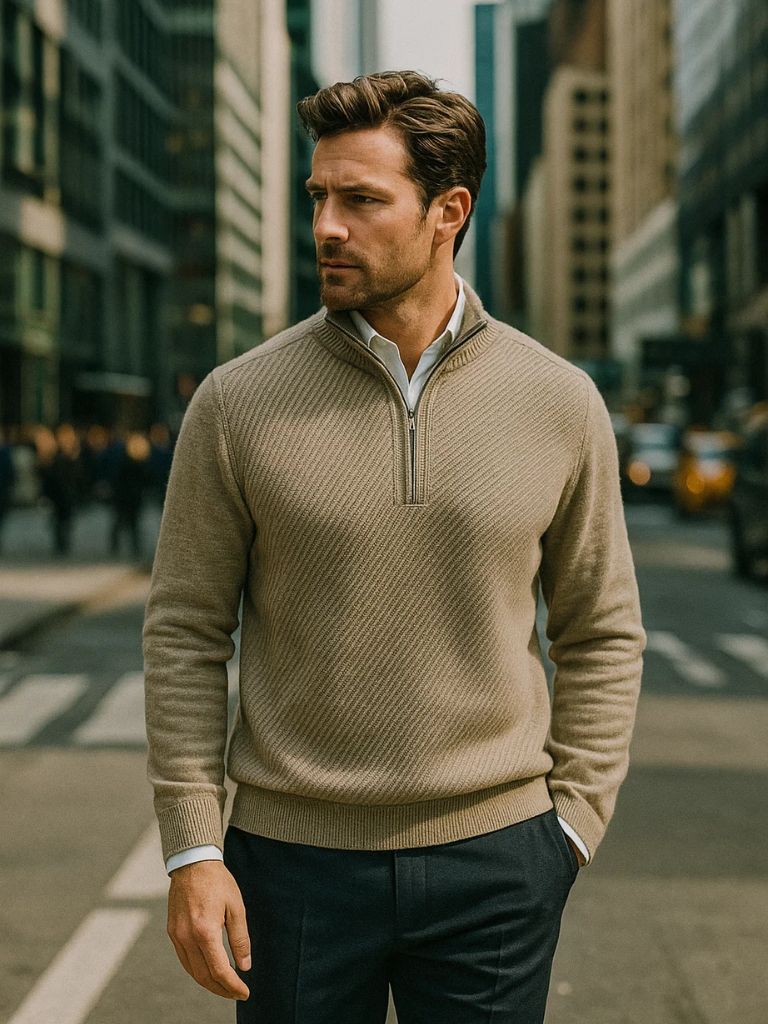 Stripe Quarter Zip Wool Sweater for Men