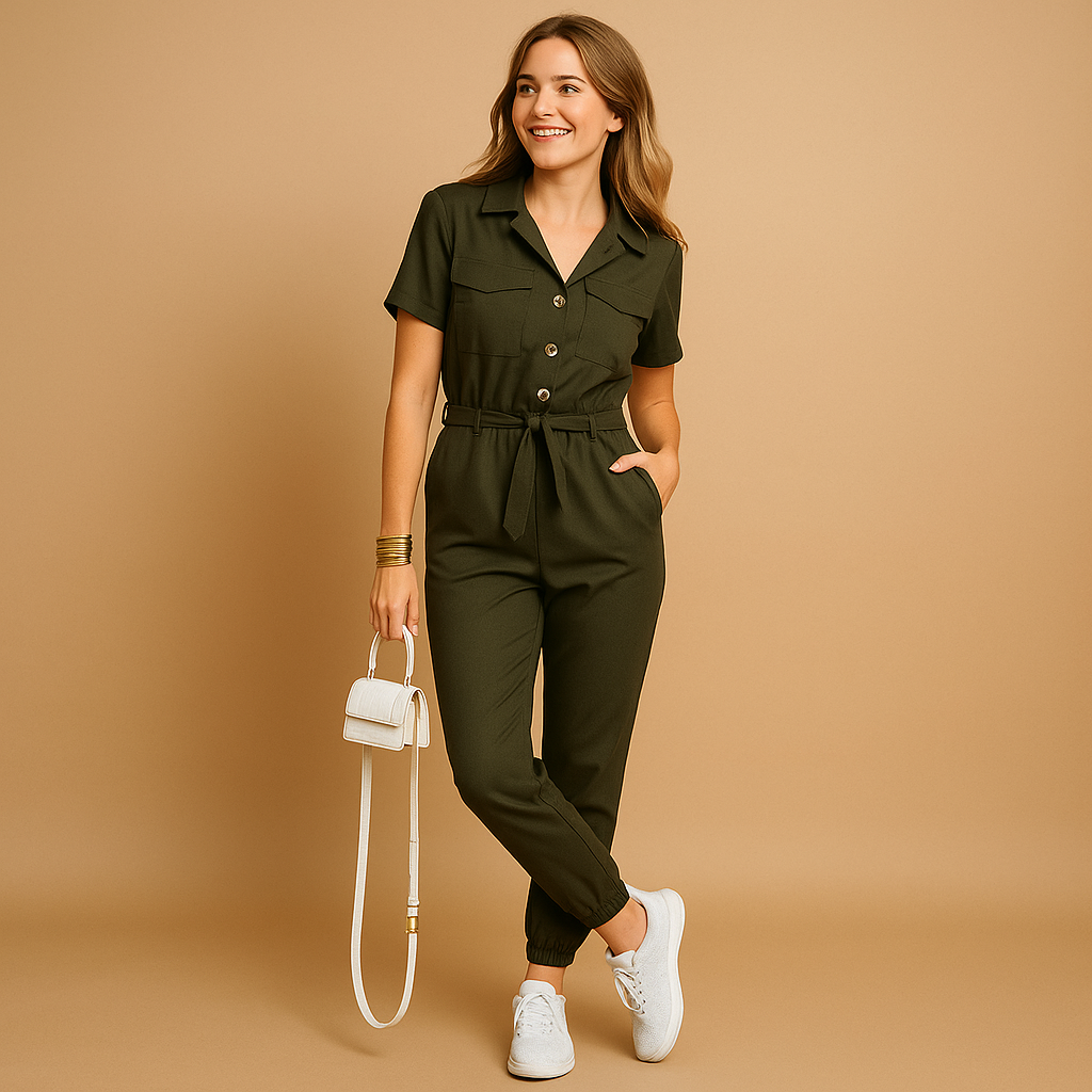 Tailored jumpsuit with V-neck and cargo pockets for women | Nora