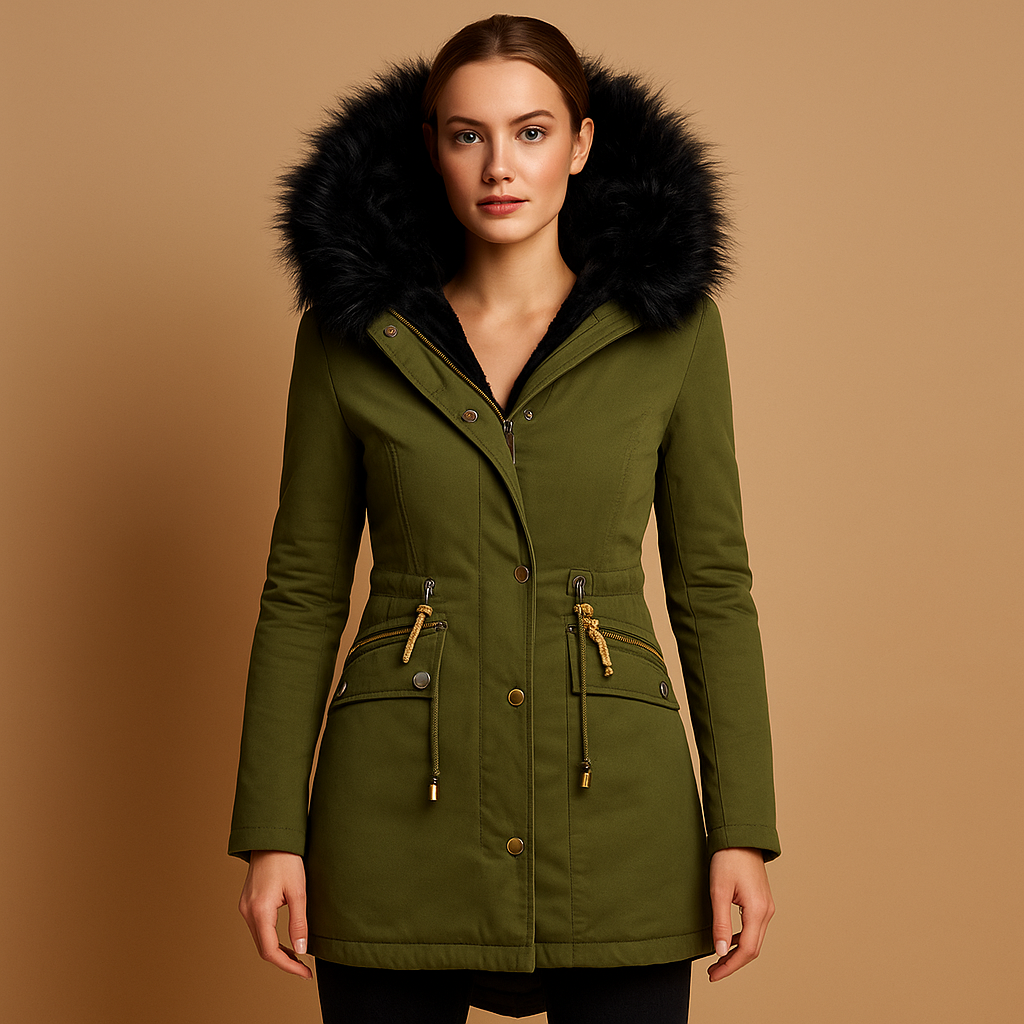 Thermal winter coat with faux fur hood for women | Liana