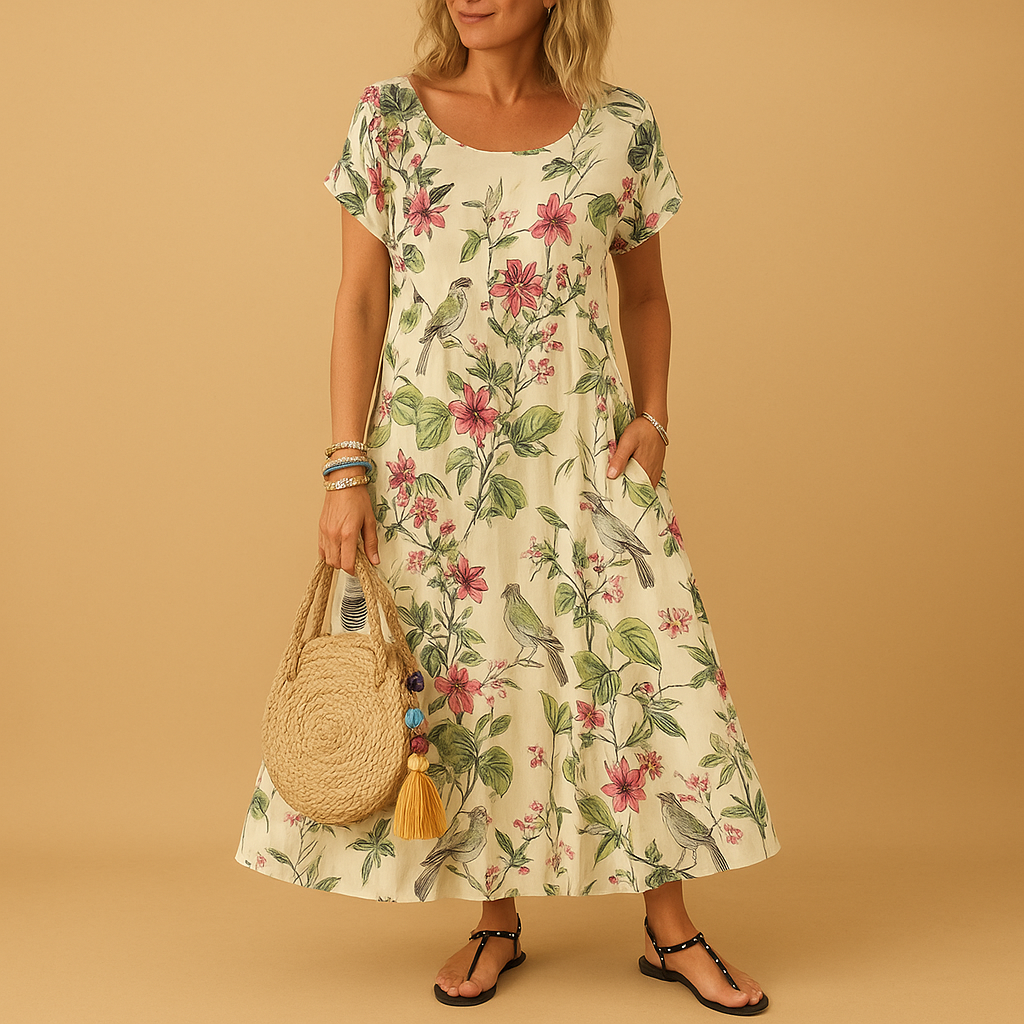 Vintage floral summer dress with boat neckline for women | Daphne
