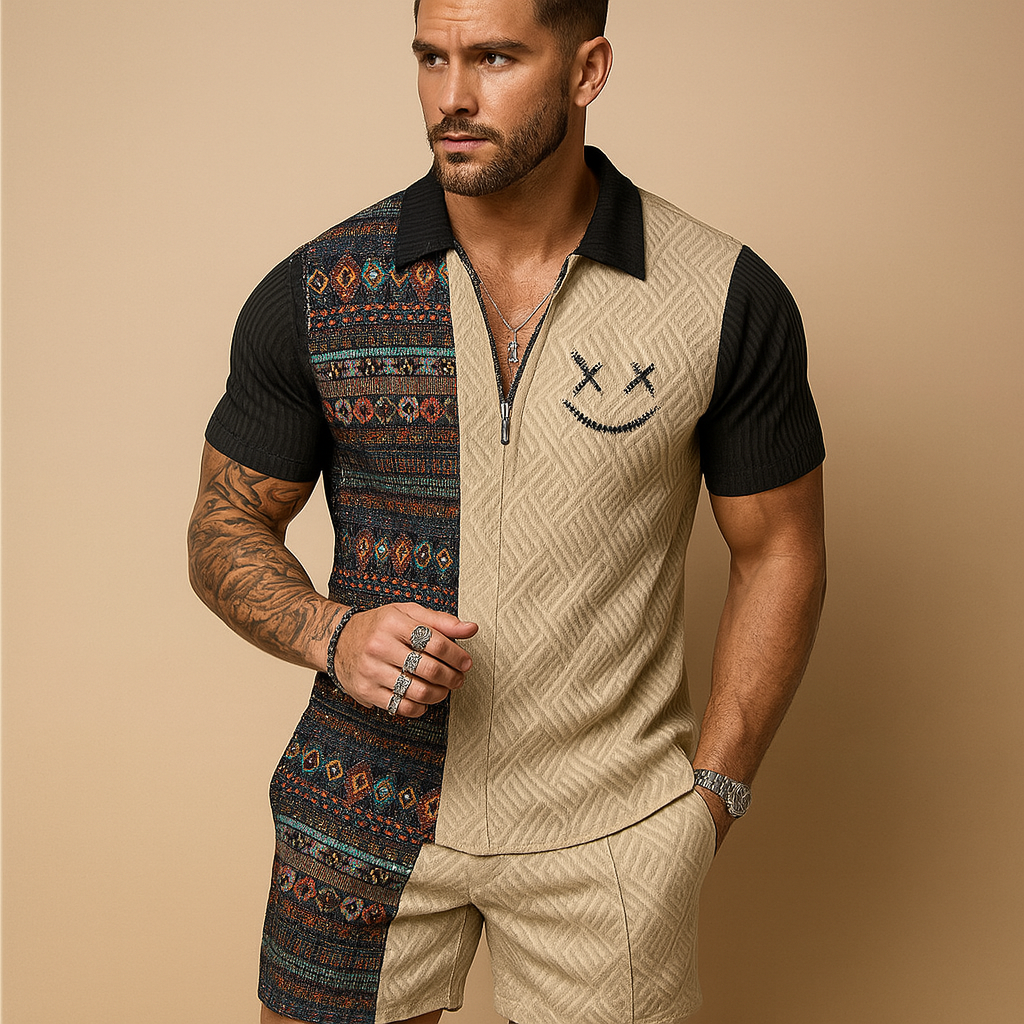 Vintage print polo and shorts summer set for men | Carter
