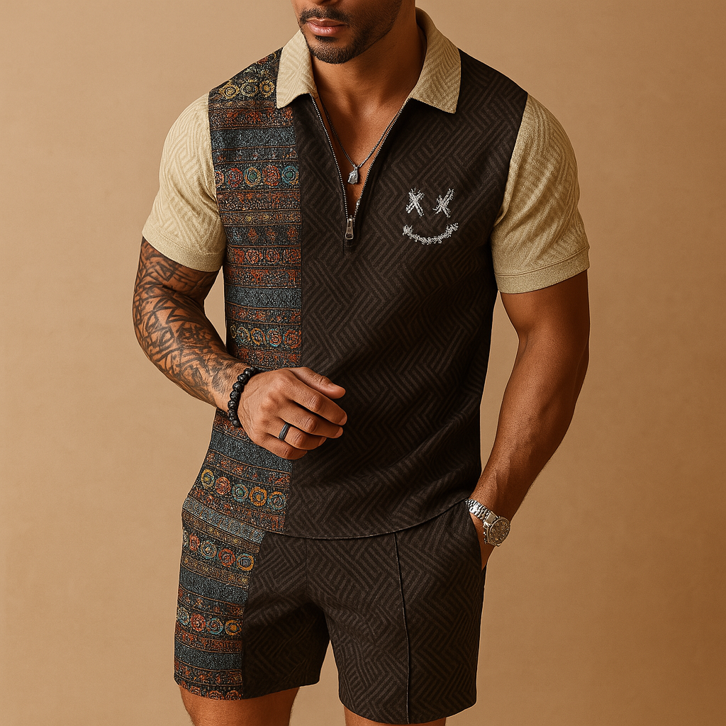 Vintage print polo and shorts summer set for men | Carter