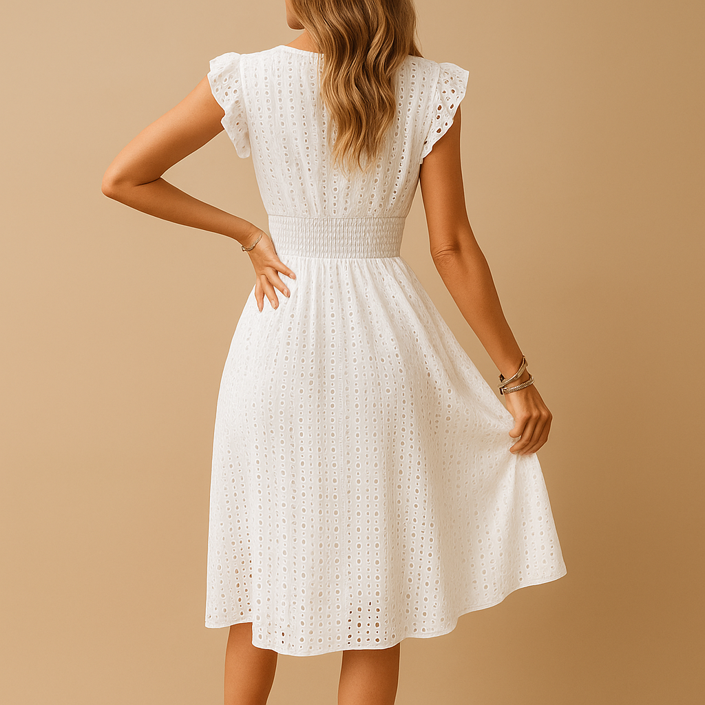 White midi summer dress with ruffle detail for women | Lieke