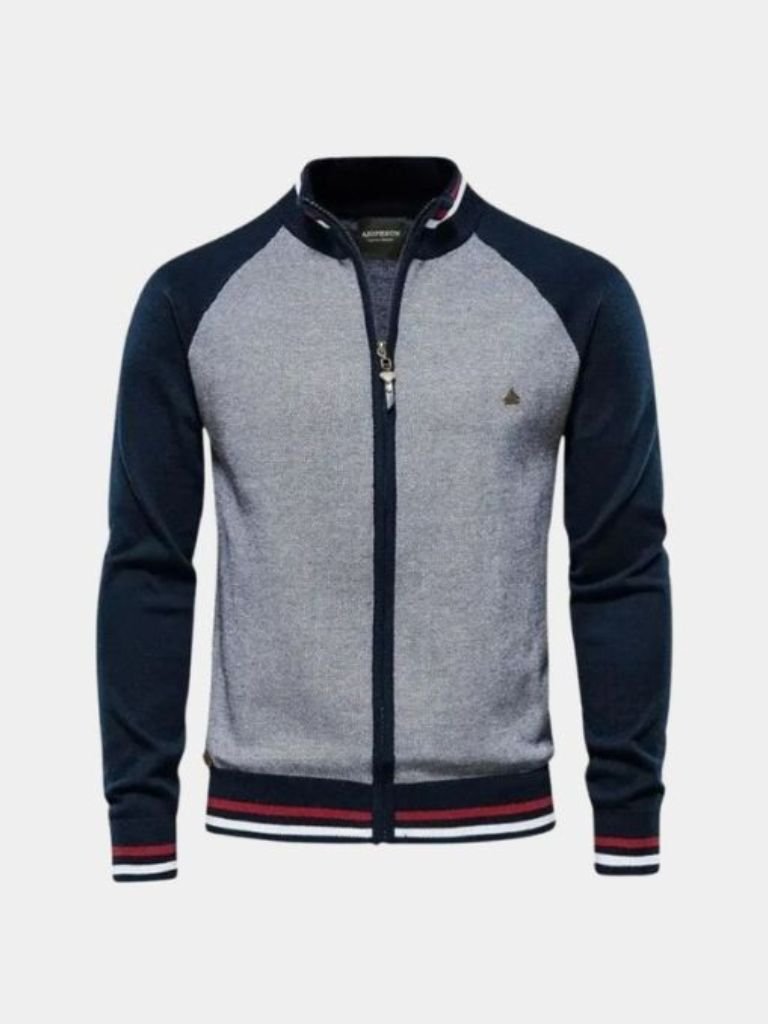 Zipper Color Block Standing Collar Cardigan Sweater for Men