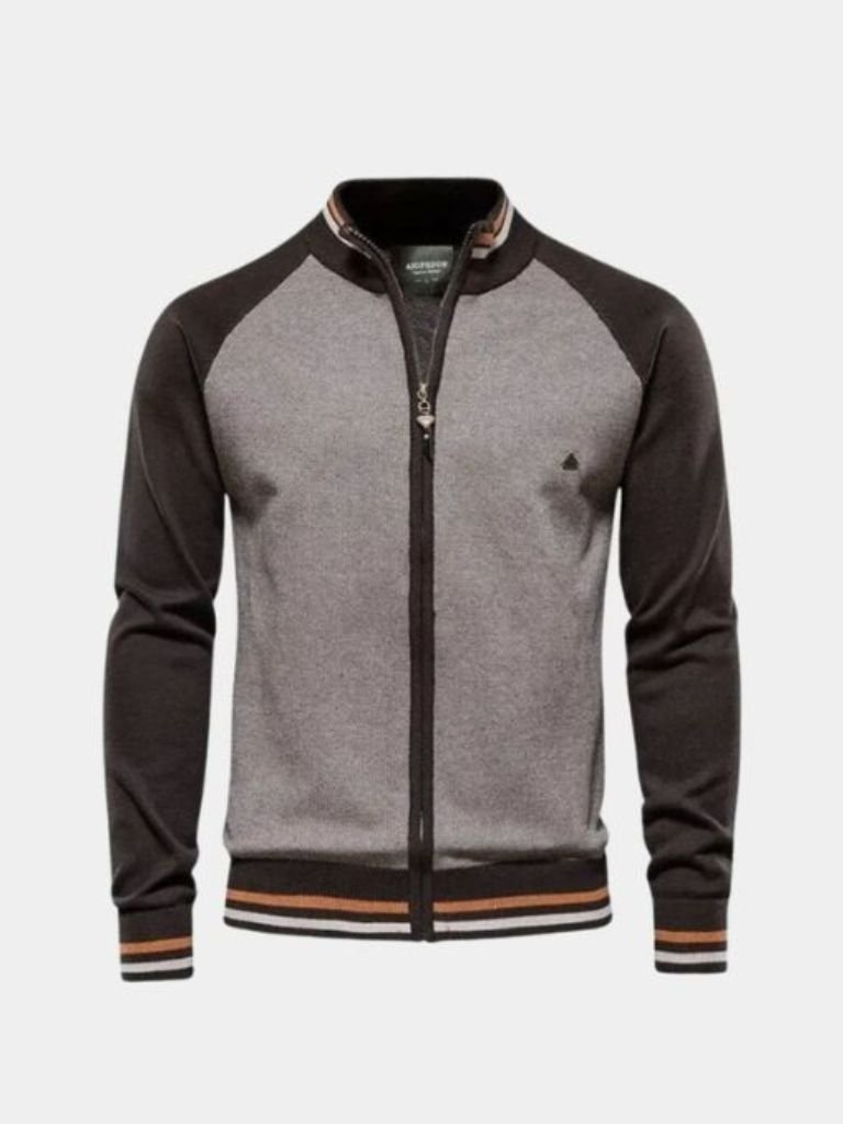 Zipper Color Block Standing Collar Cardigan Sweater for Men